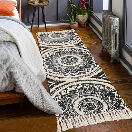Bohemian Black & Cream Cotton Runner Mat (Machine Washable)