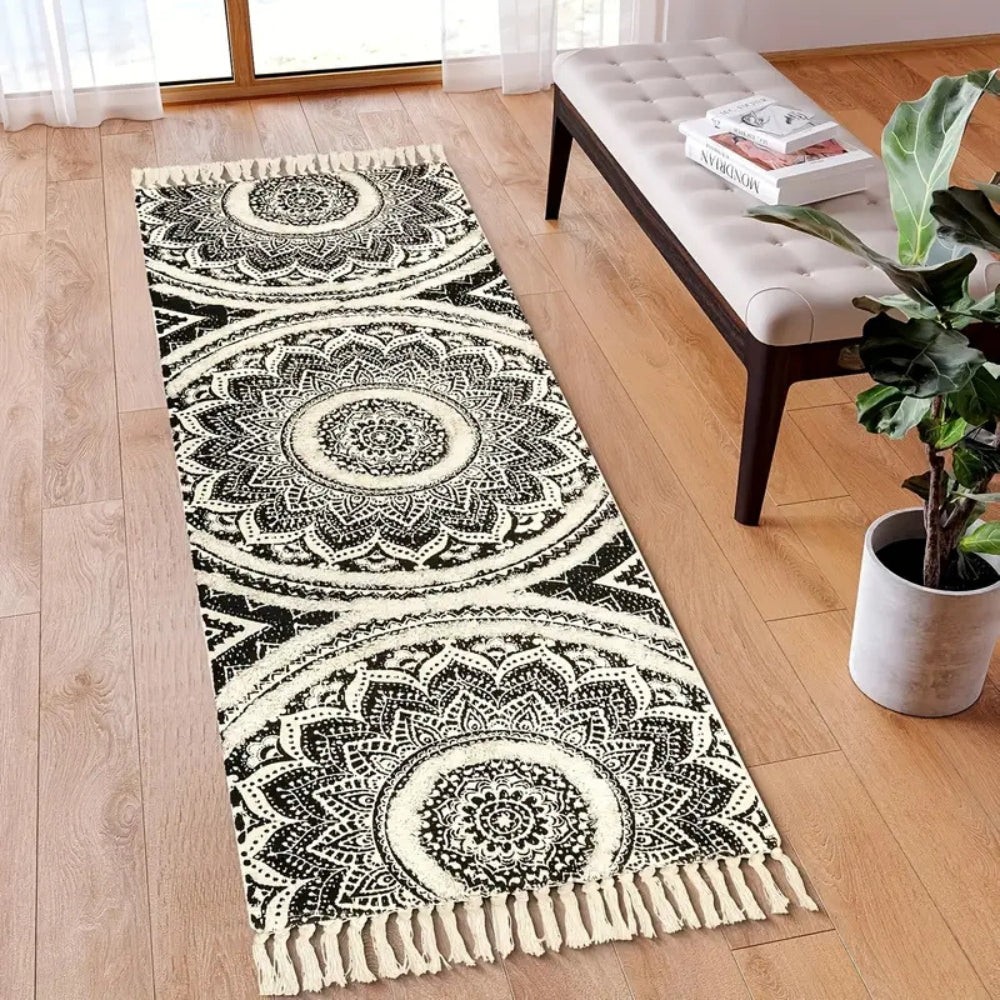 Bohemian Black & Cream Cotton Runner Mat (Machine Washable)
