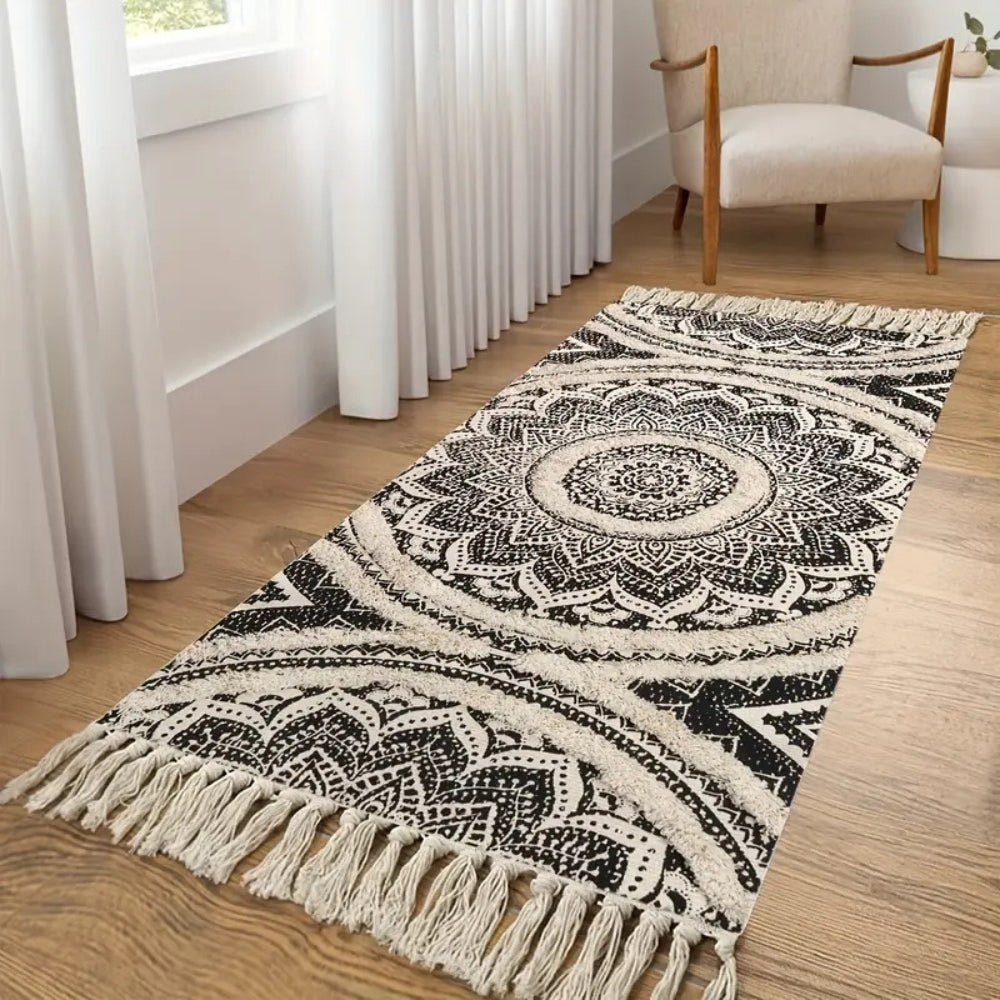 Bohemian Black & Cream Cotton Runner Mat (Machine Washable)