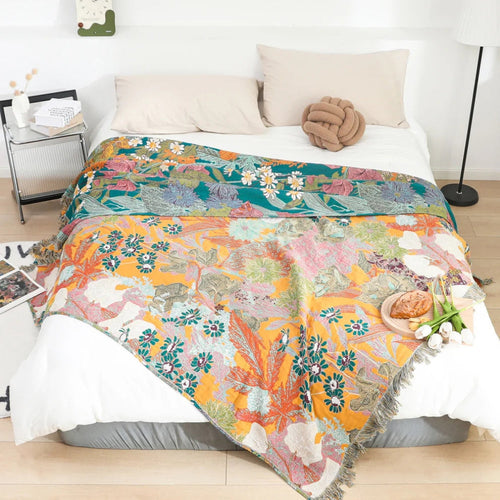 Bohemian Floral Cotton Tassel Blanket
