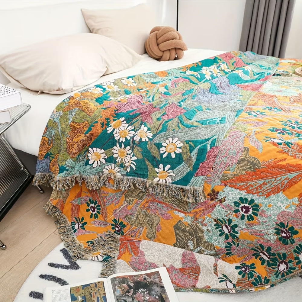 Bohemian Floral Patchwork Cotton Throw Blanket