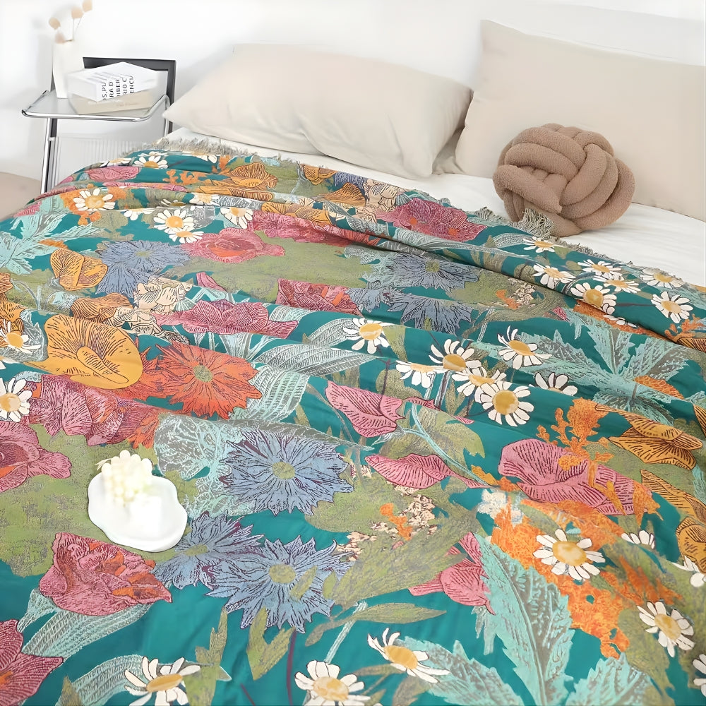 Bohemian Floral Patchwork Cotton Throw Blanket