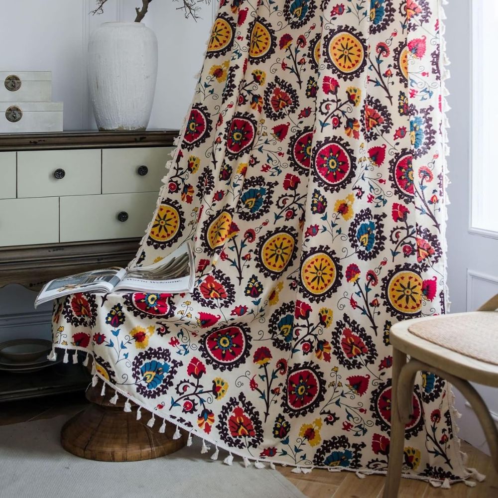 Boho Floral Light-Filtering Microfiber Curtain