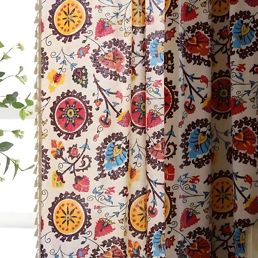 Boho Floral Light-Filtering Microfiber Curtain