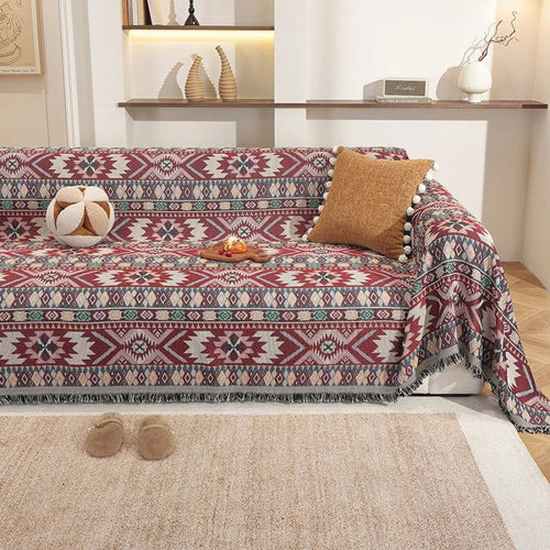 Boho Jacquard Tassel-Trim Microfiber Sofa Cover (Machine Washable)
