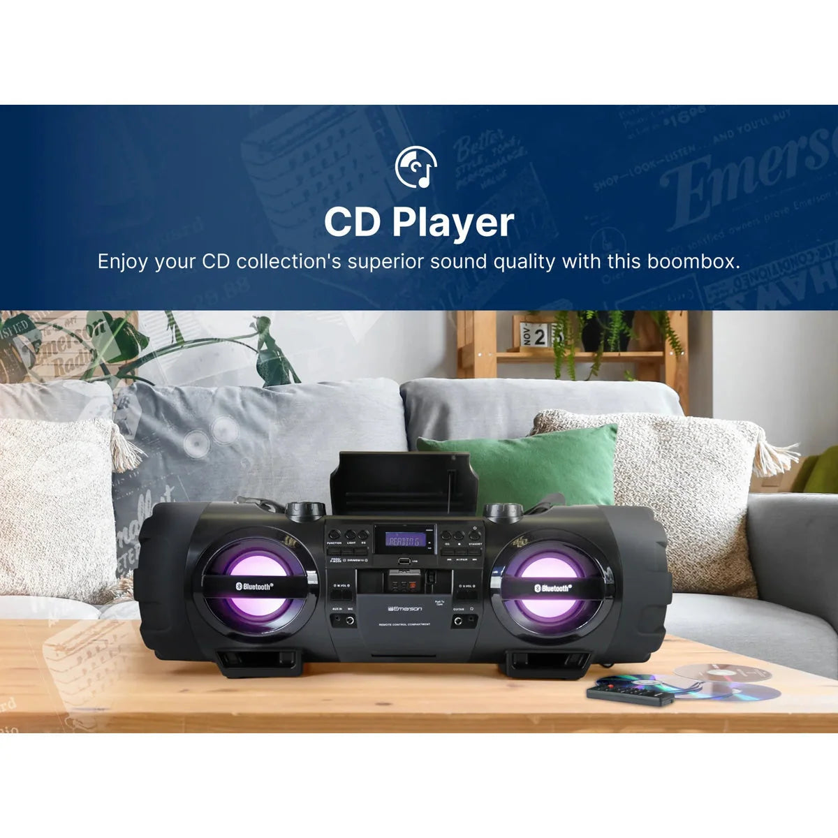 Boombox 60W Dual Subwoofers Bluetooth CD Player