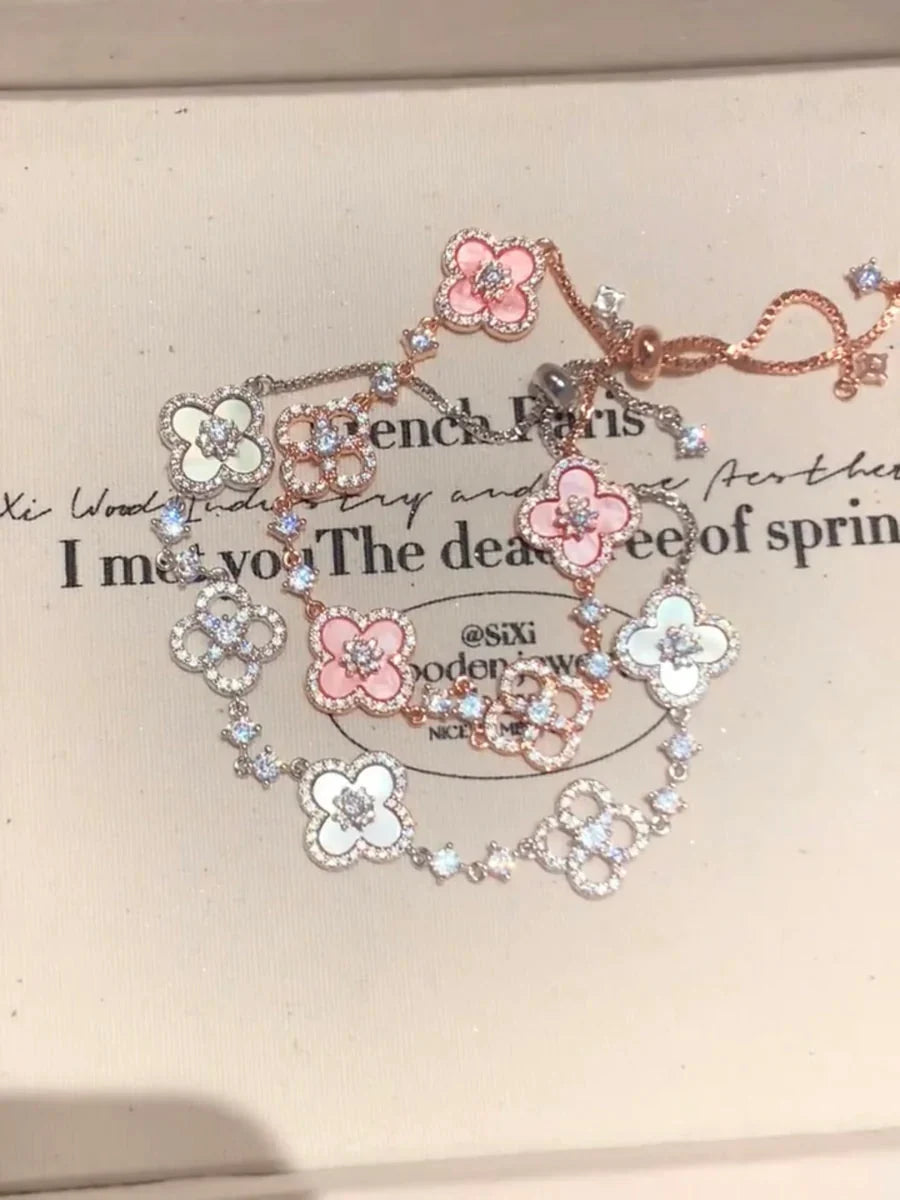 Bracelet Floral Gold Plated Natural Shell & Crystal Adjustable