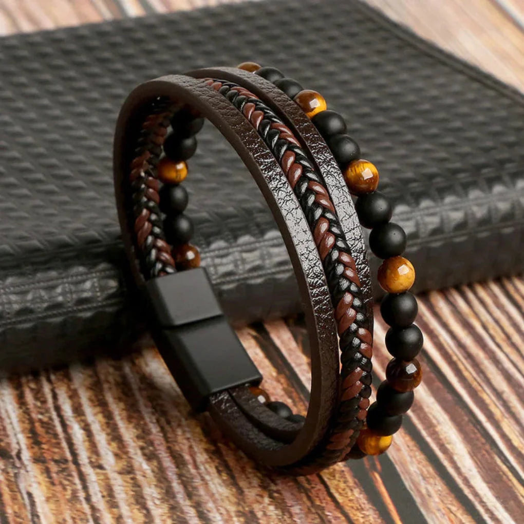 Bracelet Layered Leather Stone Accents & Magnetic Clasp