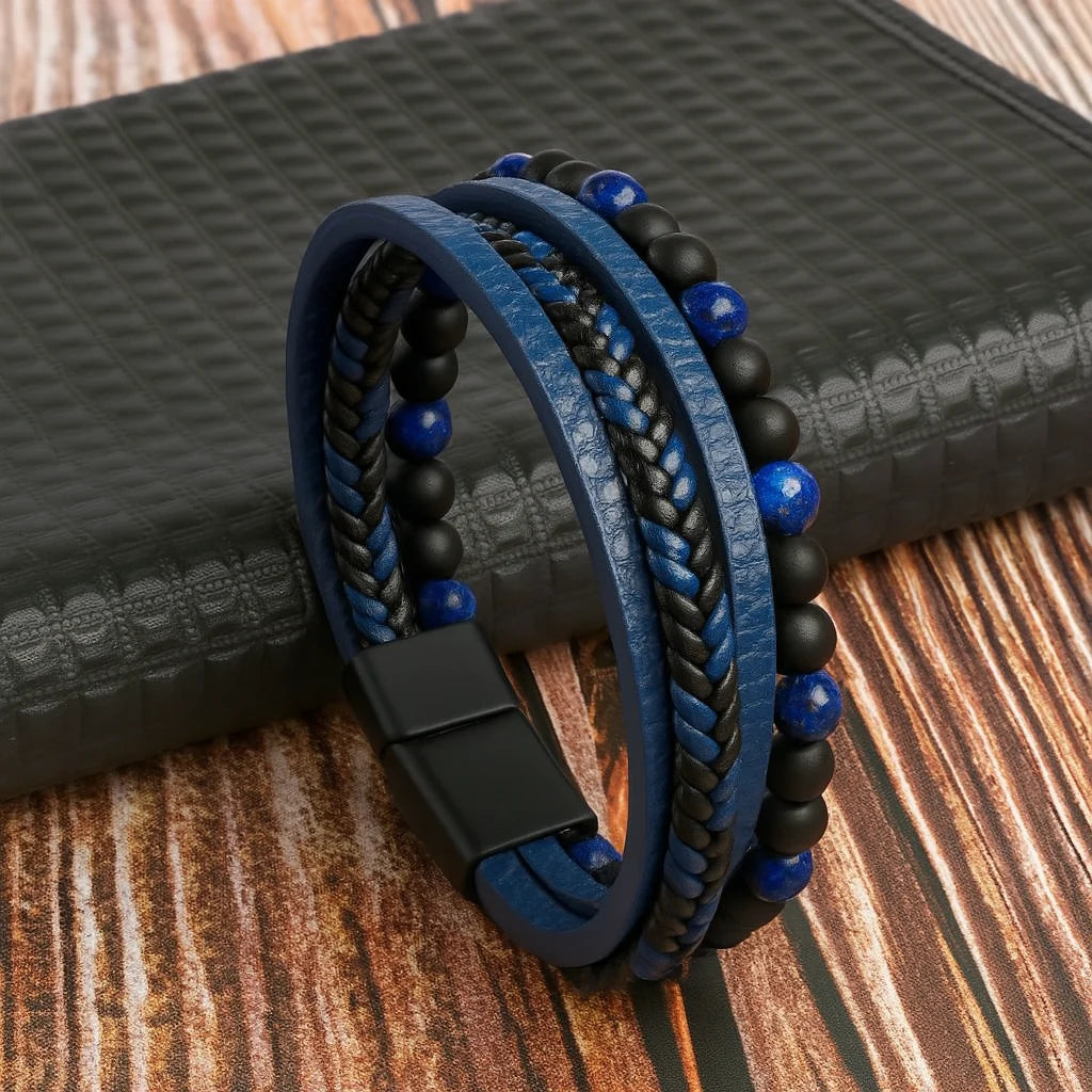 Bracelet Layered Leather Stone Accents & Magnetic Clasp