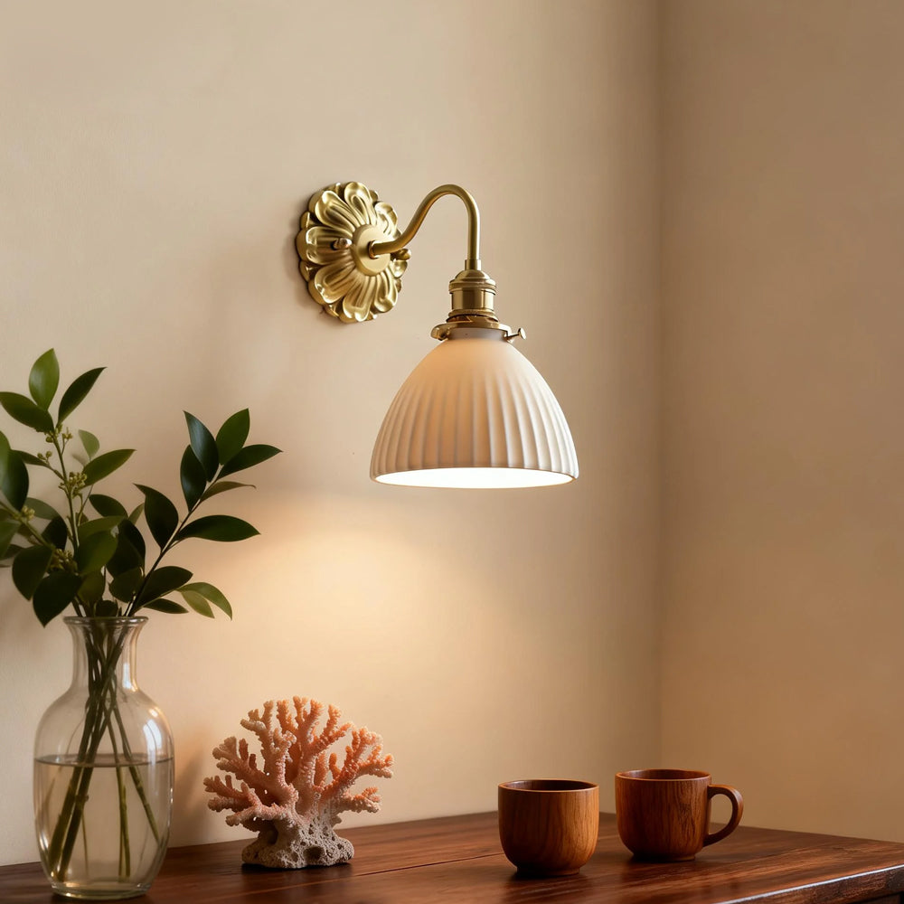 Brass & Ceramic Ribbed Wall Sconce (E27 Compatible)
