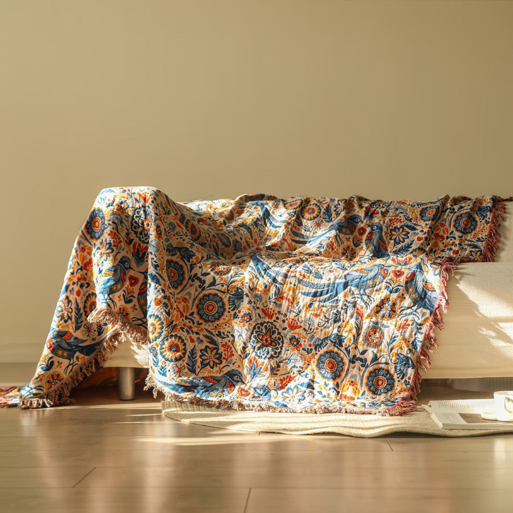 Breathable 100% Cotton Bird & Floral Throw Blanket