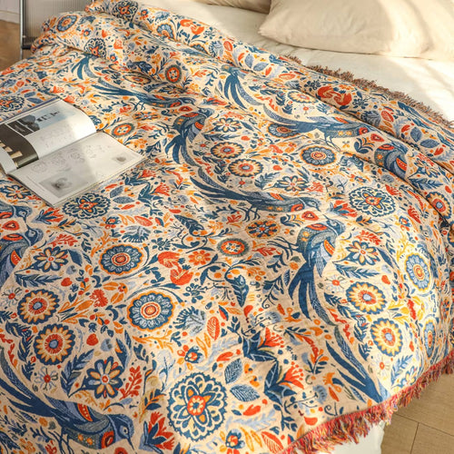 Breathable 100% Cotton Bird & Floral Throw Blanket