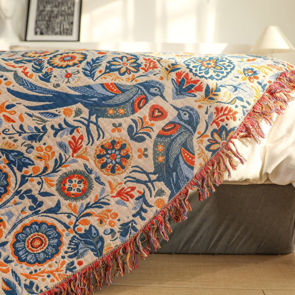 Breathable 100% Cotton Bird & Floral Throw Blanket