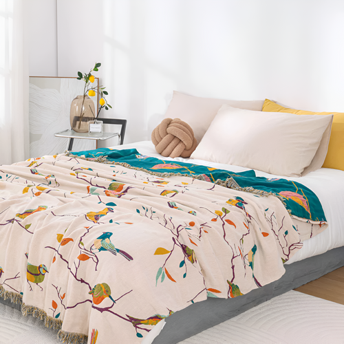 Breathable 100% Cotton Bird Print Tassel Throw Blanket (Queen Size)