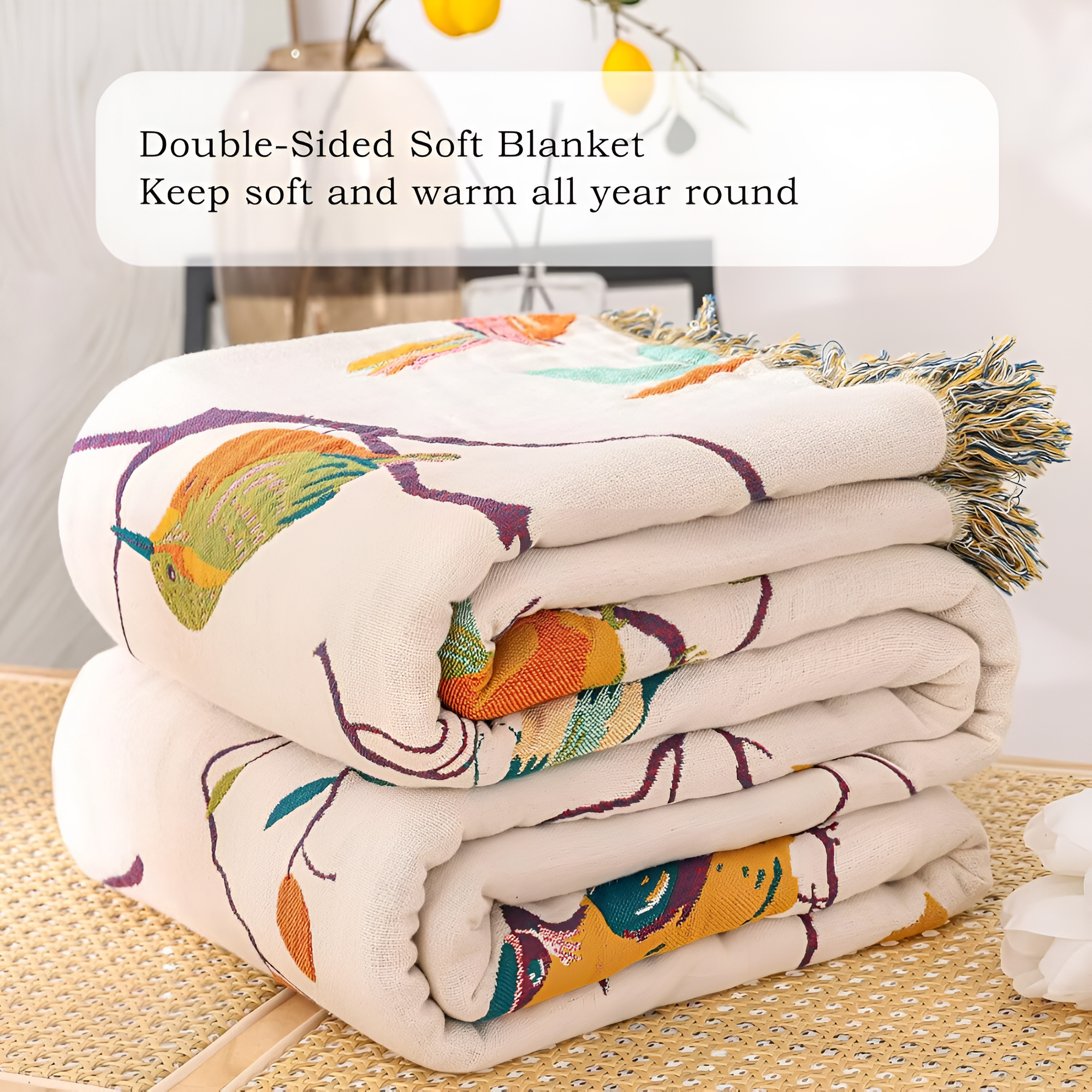 Breathable 100% Cotton Bird Print Tassel Throw Blanket (Queen Size)