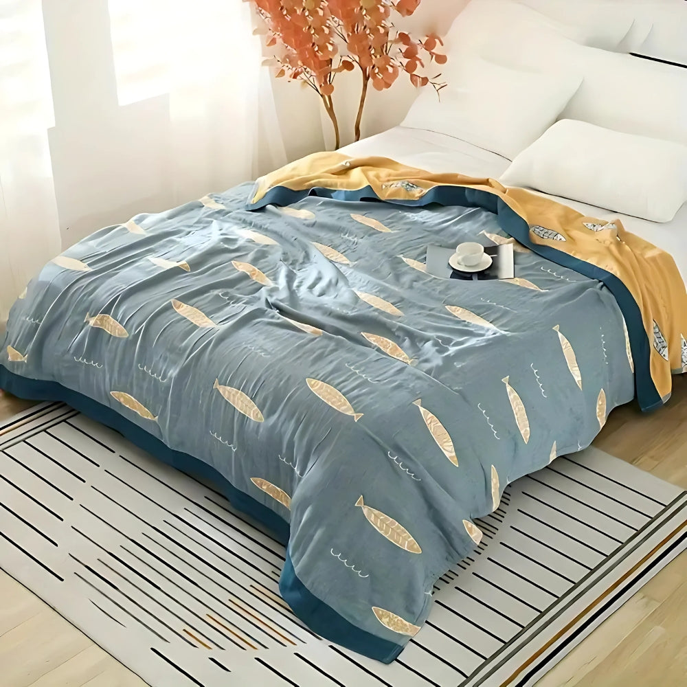 Breathable 100% Cotton Gauze Blanket (Jacquard Fish Pattern)