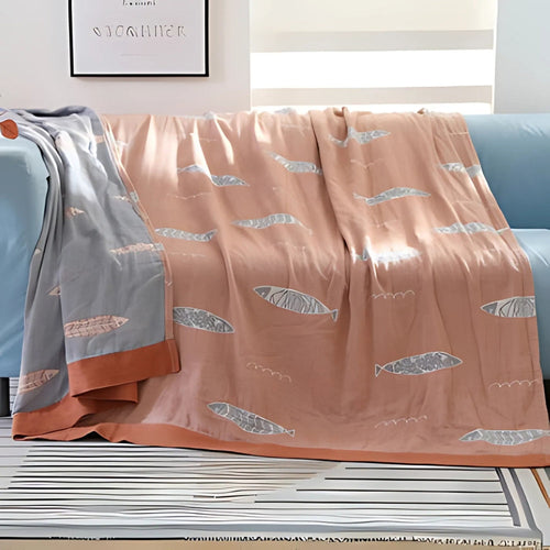 Breathable 100% Cotton Gauze Blanket (Jacquard Fish Pattern)