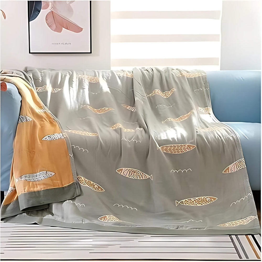 Breathable 100% Cotton Gauze Blanket (Jacquard Fish Pattern)