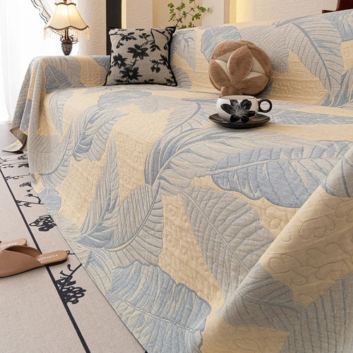 Breathable Cotton Gauze Leaf-Pattern Sofa Cover (Machine Washable)