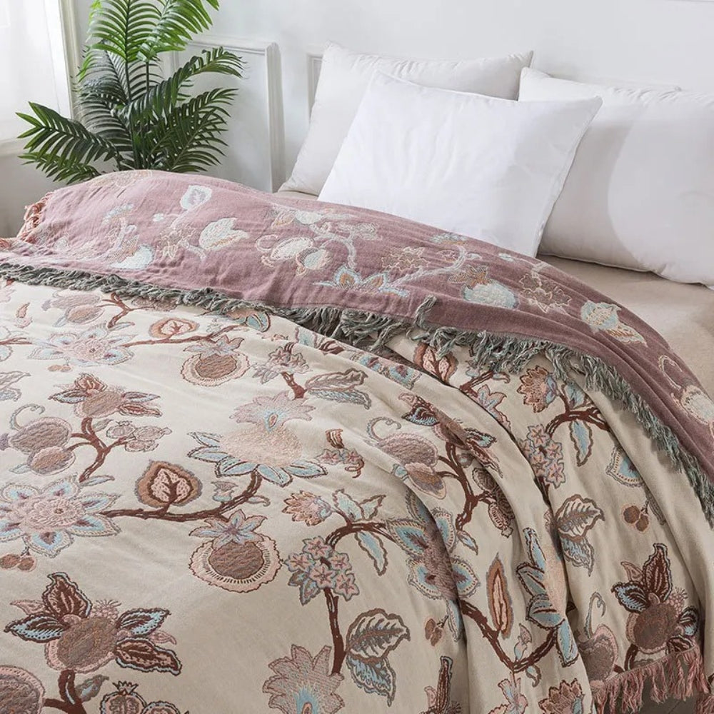 Breathable Cotton Jacquard Floral Bed Blanket (Tassel Trim)