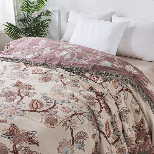 Breathable Cotton Jacquard Floral Bed Blanket (Tassel Trim)