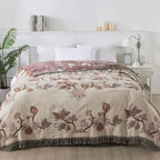 Breathable Cotton Jacquard Floral Tassel-Trim Bed Blanket