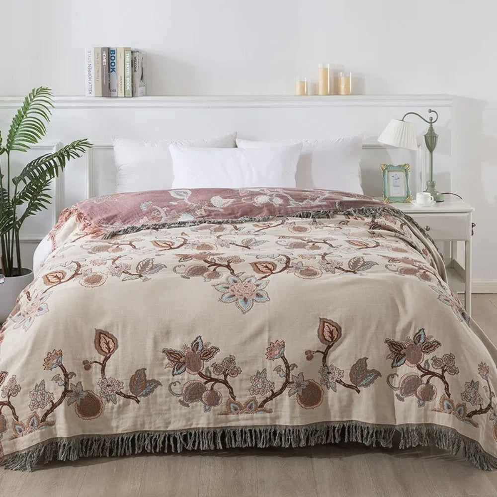 Breathable Cotton Jacquard Floral Tassel-Trim Bed Blanket