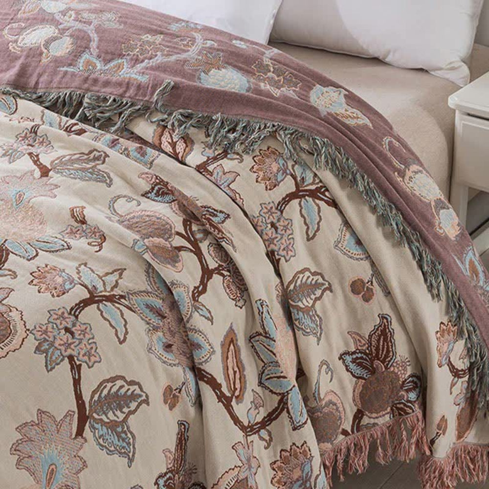 Breathable Cotton Jacquard Floral Tassel-Trim Bed Blanket