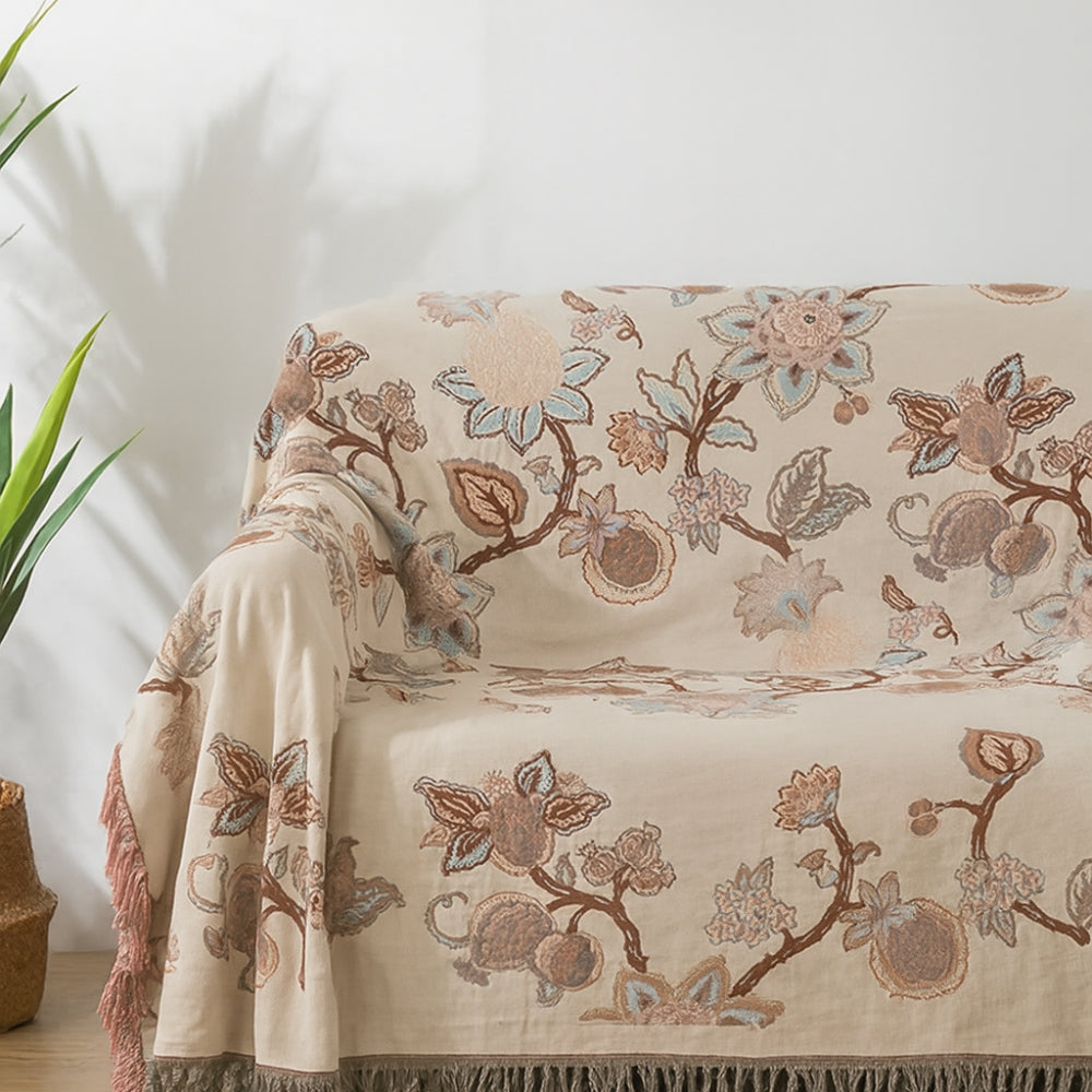 Breathable Cotton Jacquard Floral Tassel-Trim Bed Blanket
