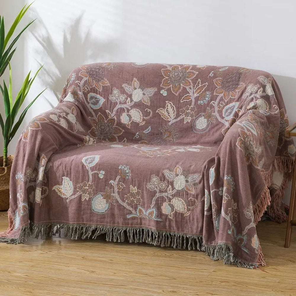 Breathable Cotton Jacquard Floral Tassel-Trim Bed Blanket