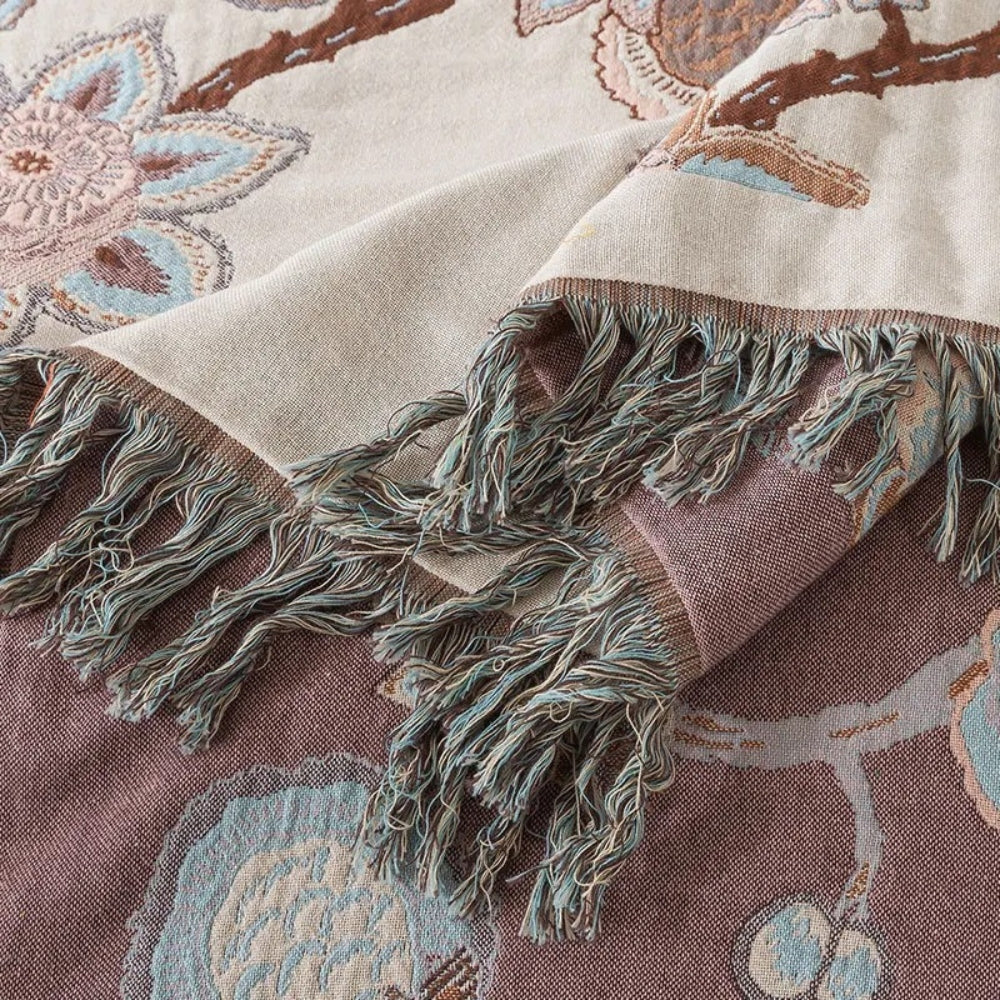 Breathable Cotton Jacquard Floral Tassel-Trim Bed Blanket