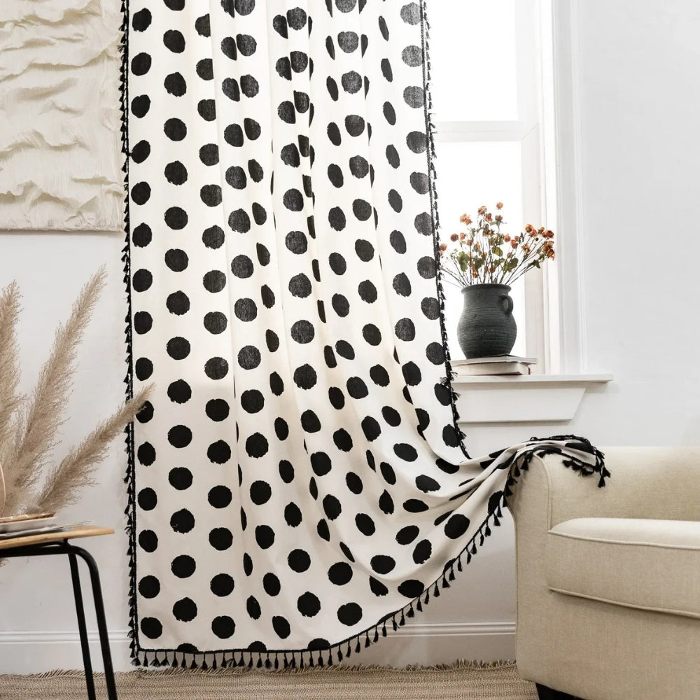 Breathable Linen Polka Dot Curtain Panel (Tassel Trim)