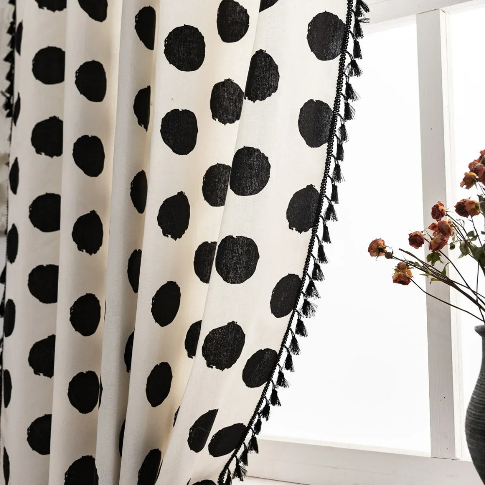 Breathable Linen Polka Dot Curtain Panel (Tassel Trim)