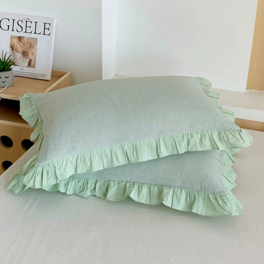 Breathable Microfiber Blend Striped Ruffled Lace Queen Pillowcase