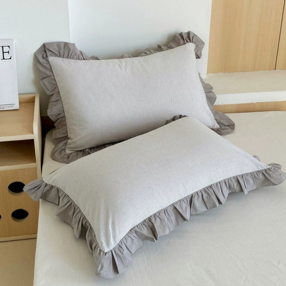 Breathable Microfiber Blend Striped Ruffled Lace Queen Pillowcase