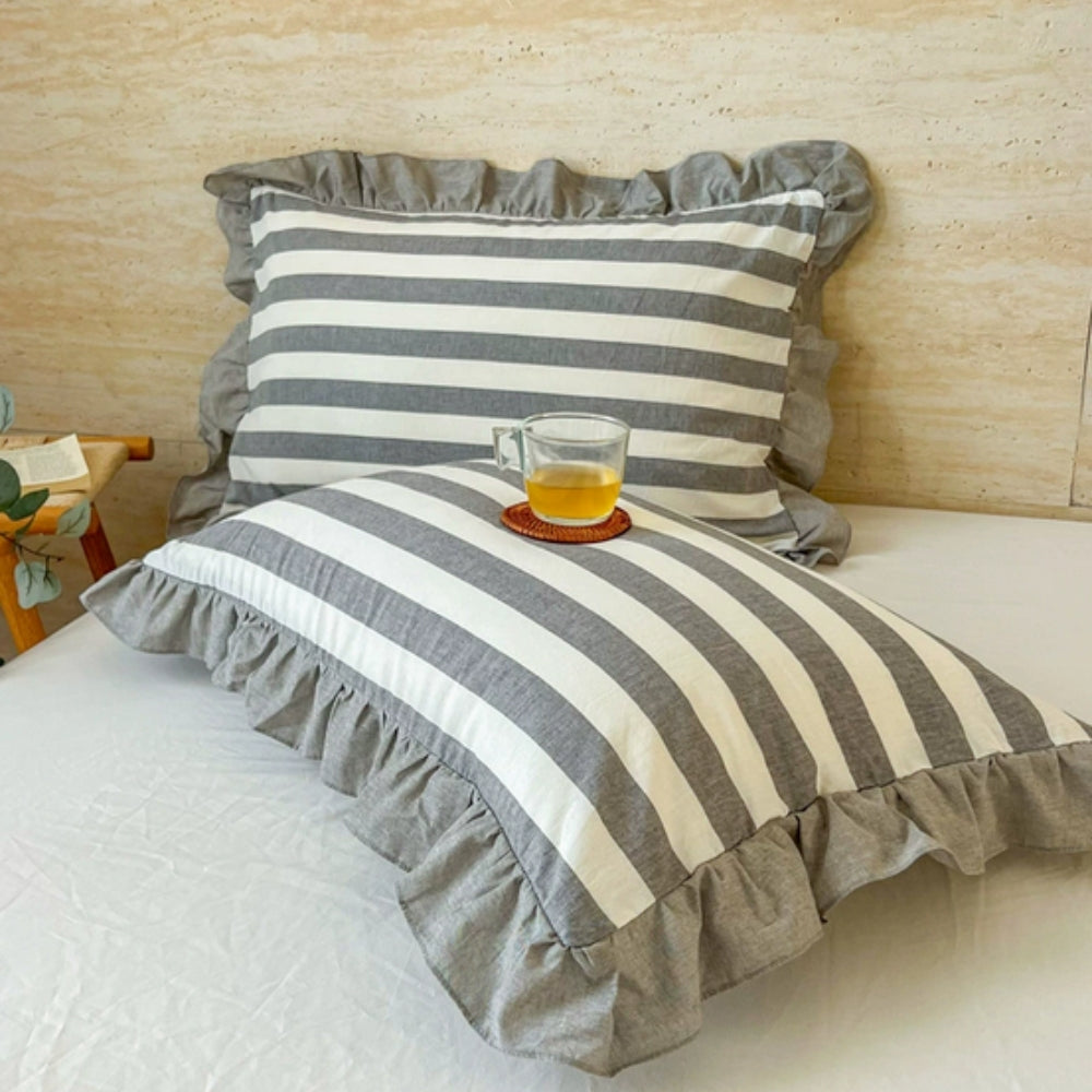 Breathable Microfiber Blend Striped Ruffled Lace Queen Pillowcase