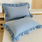 Breathable Microfiber Blend Striped Ruffled Lace Queen Pillowcase