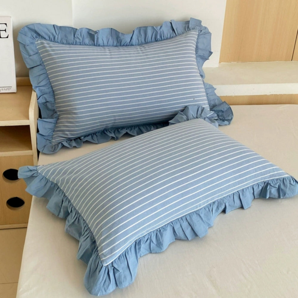 Breathable Microfiber Blend Striped Ruffled Lace Queen Pillowcase