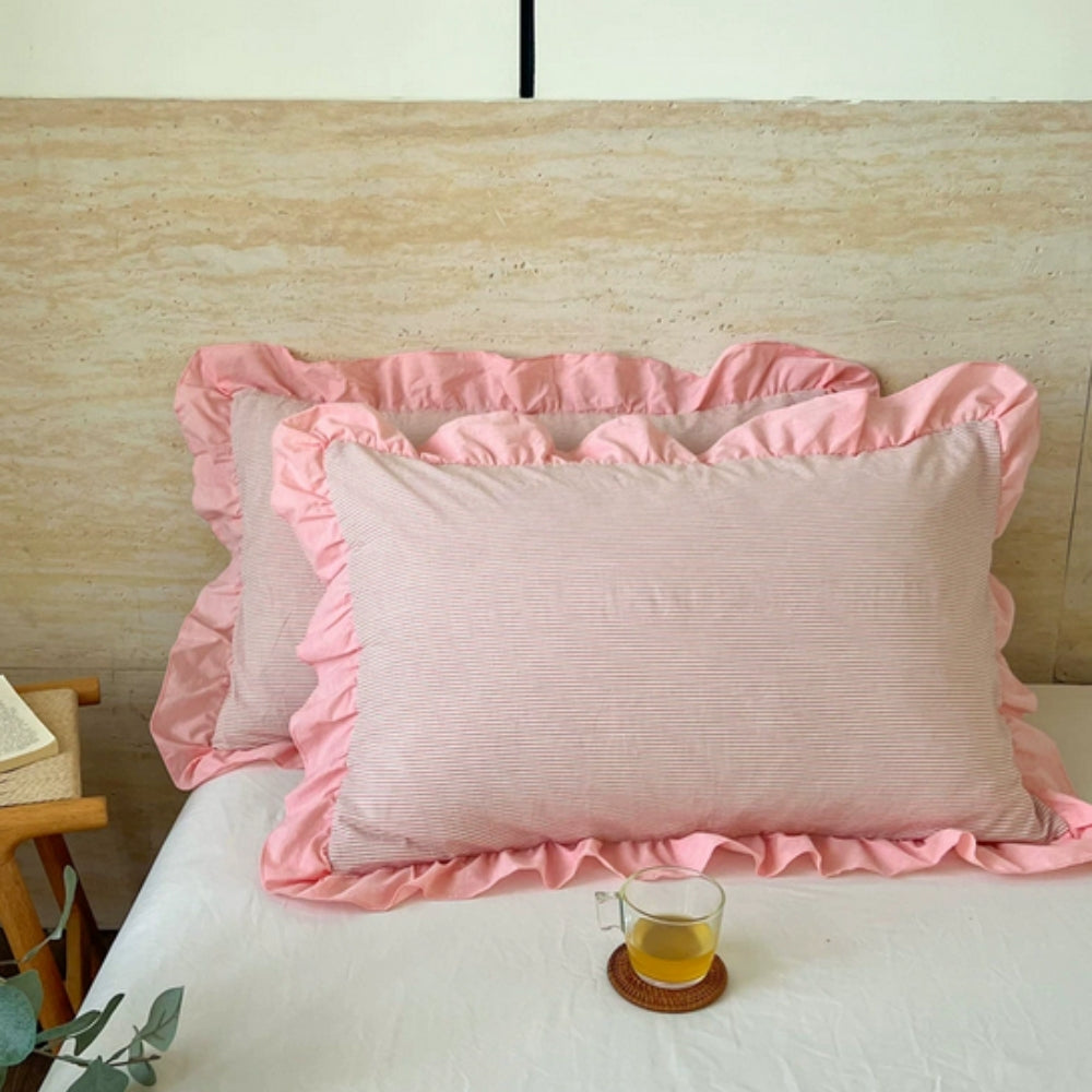 Breathable Microfiber Blend Striped Ruffled Lace Queen Pillowcase