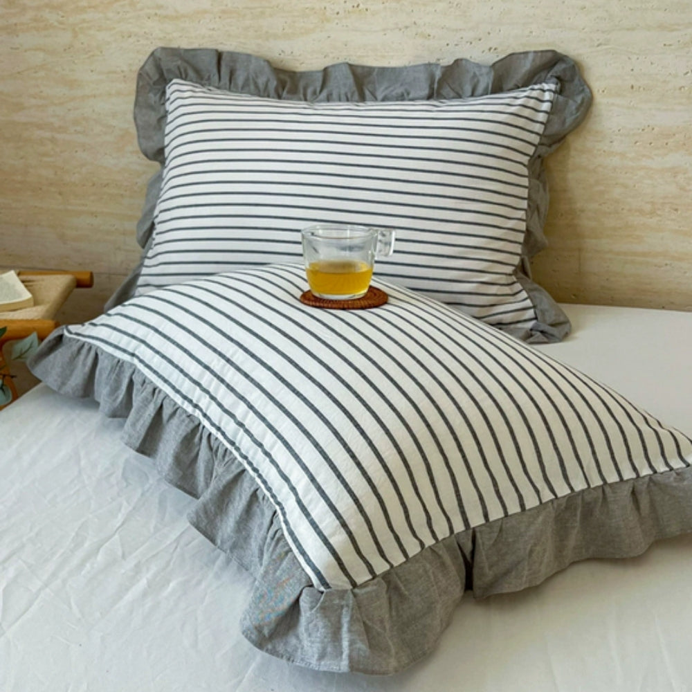 Breathable Microfiber Blend Striped Ruffled Lace Queen Pillowcase