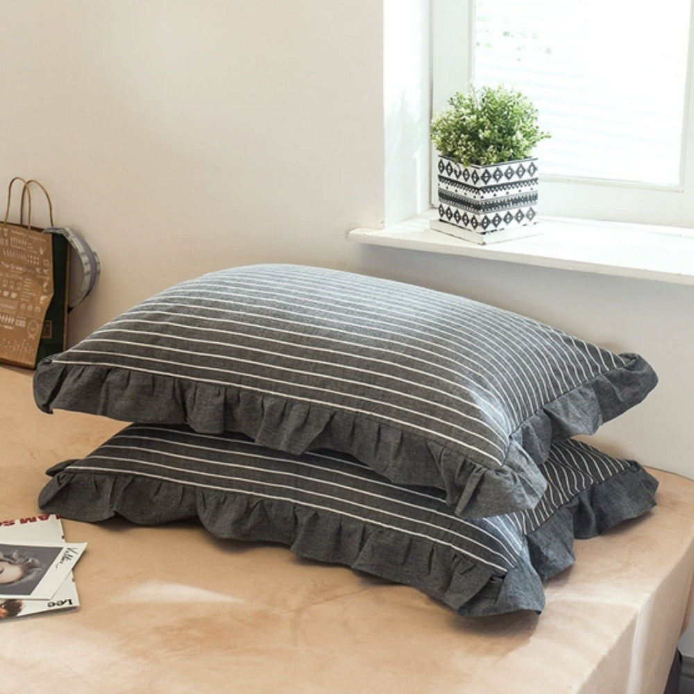 Breathable Microfiber Blend Striped Ruffled Lace Queen Pillowcase