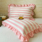 Breathable Microfiber Blend Striped Ruffled Lace Queen Pillowcase
