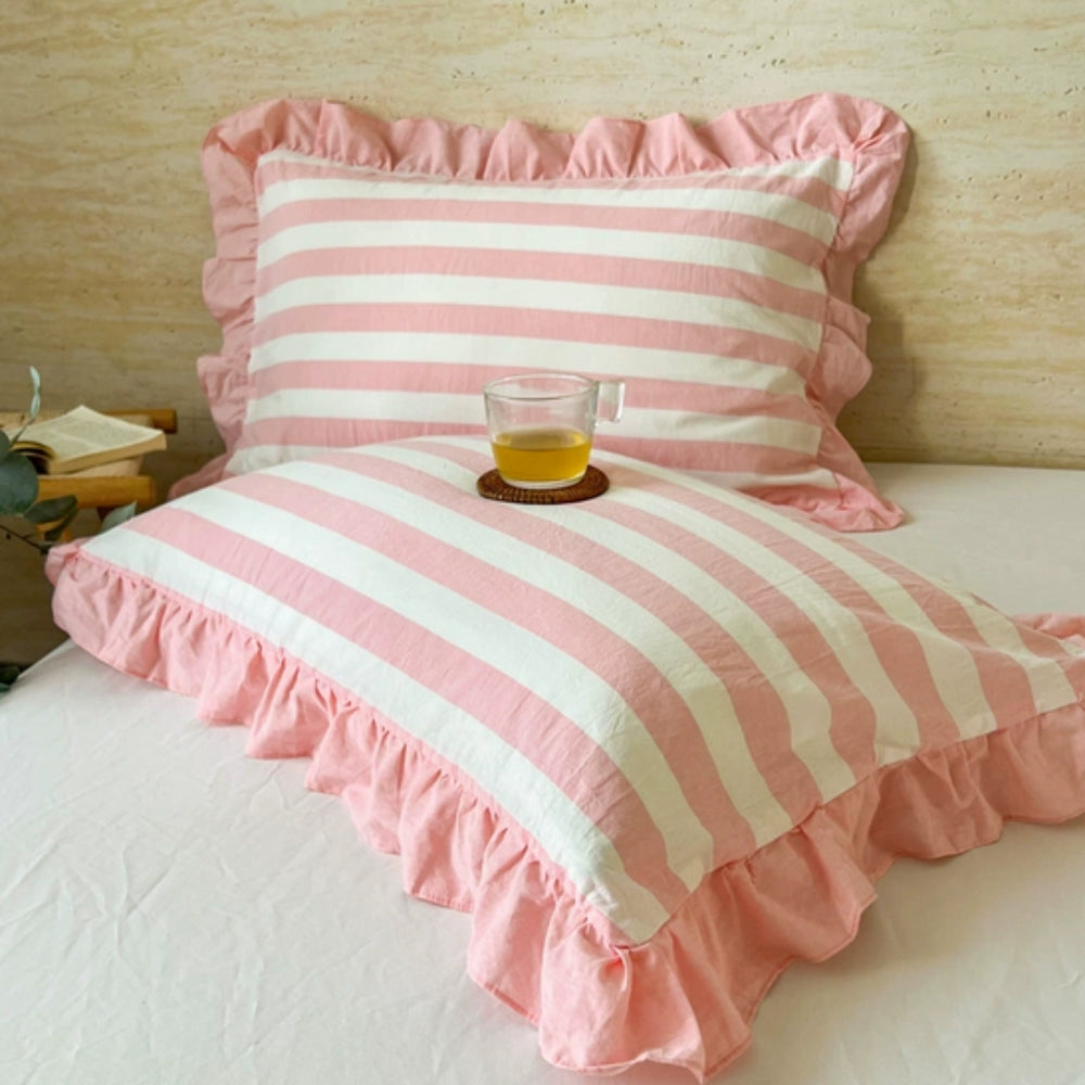 Breathable Microfiber Blend Striped Ruffled Lace Queen Pillowcase