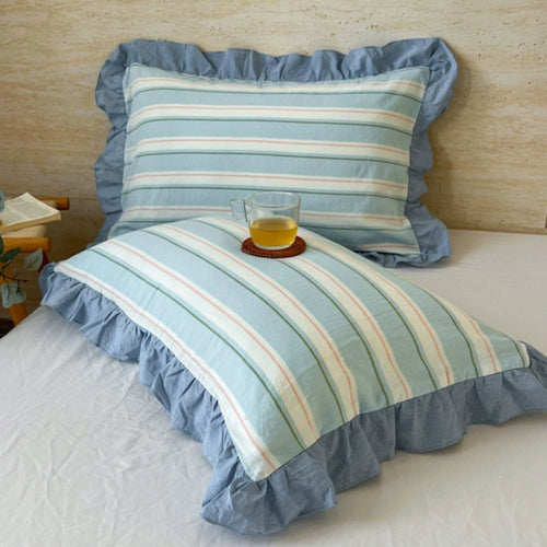 Breathable Microfiber Blend Striped Ruffled Lace Queen Pillowcase