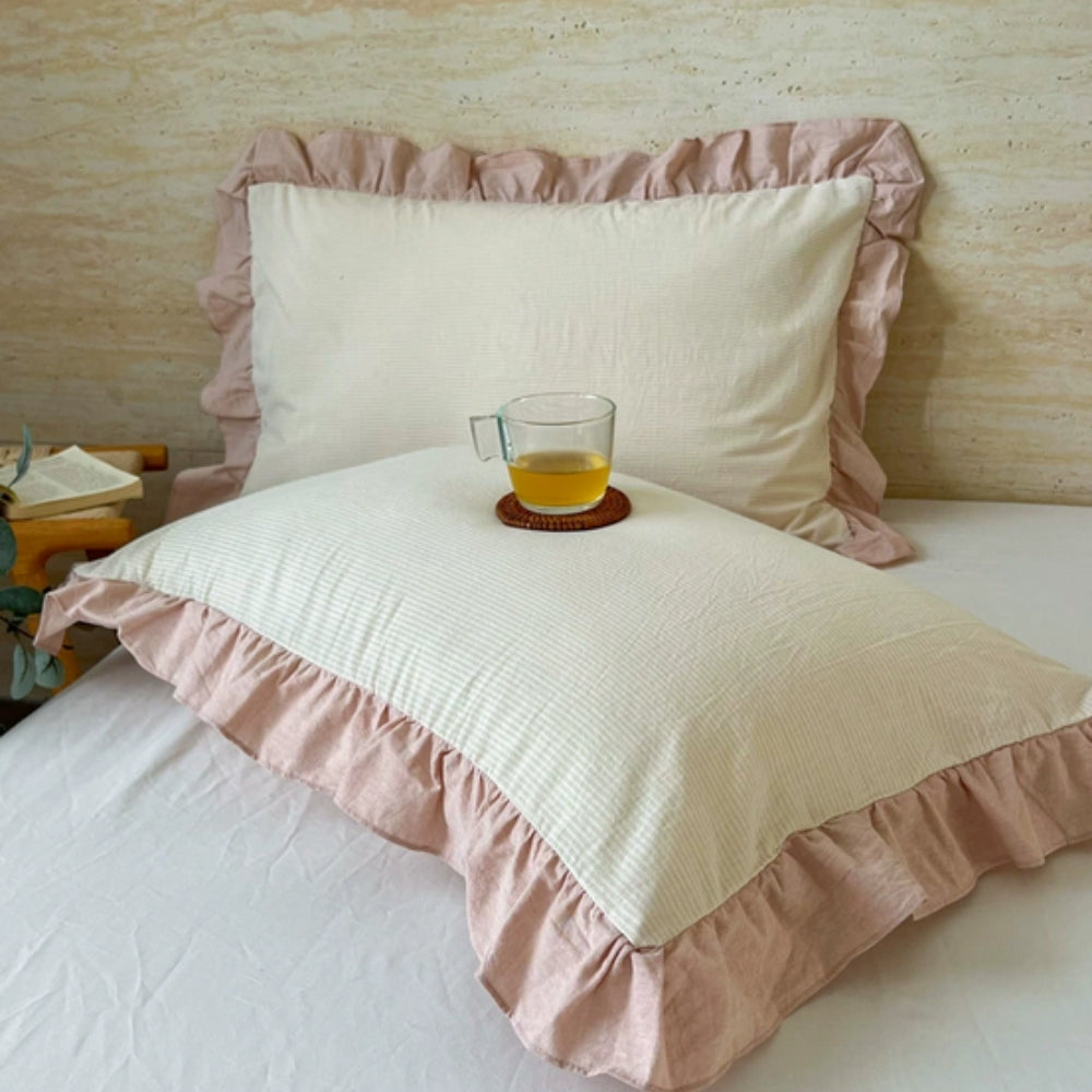Breathable Microfiber Blend Striped Ruffled Lace Queen Pillowcase
