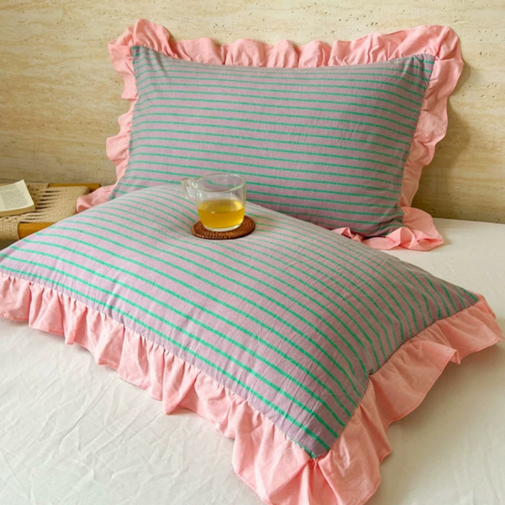Breathable Microfiber Blend Striped Ruffled Lace Queen Pillowcase
