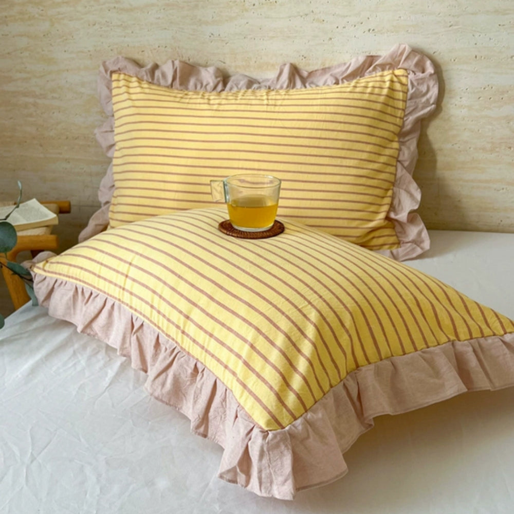 Breathable Microfiber Blend Striped Ruffled Lace Queen Pillowcase