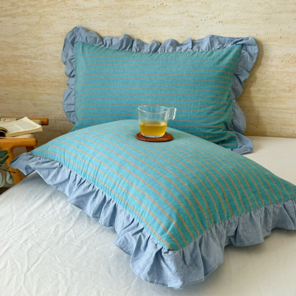 Breathable Microfiber Blend Striped Ruffled Lace Queen Pillowcase