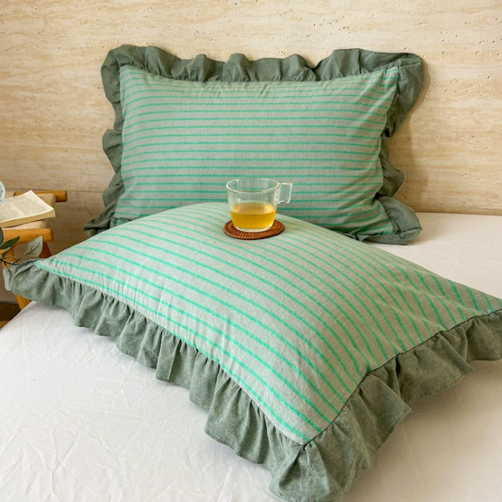 Breathable Microfiber Blend Striped Ruffled Lace Queen Pillowcase