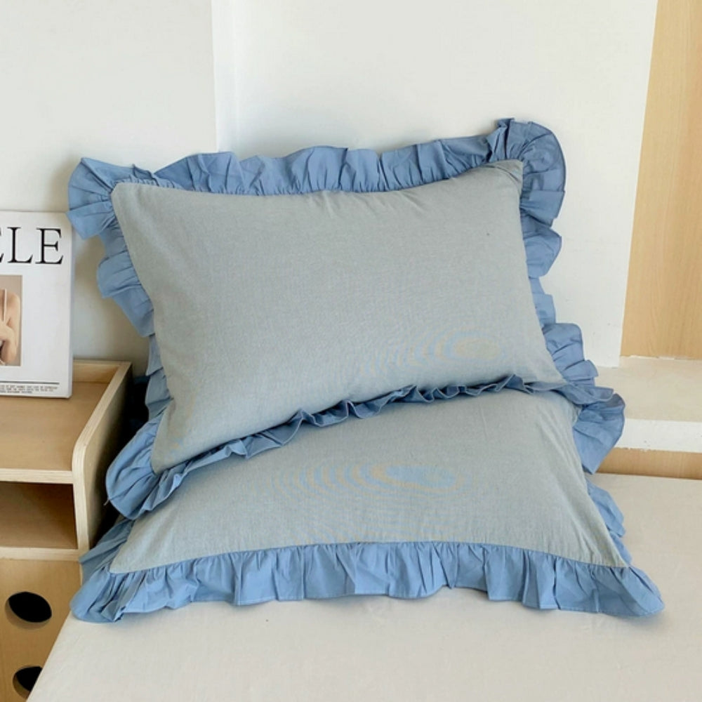 Breathable Microfiber Blend Striped Ruffled Lace Queen Pillowcase